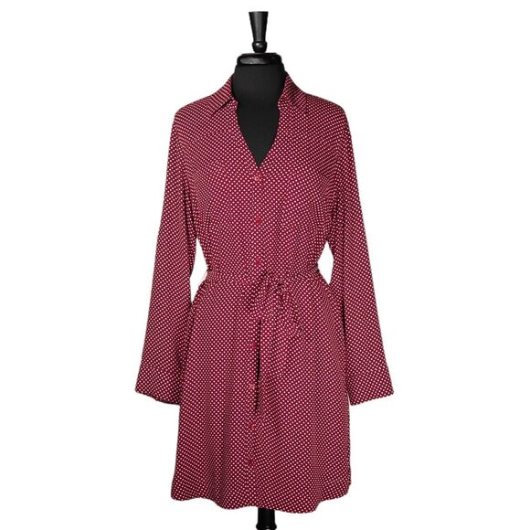 Express Women's Shirt Dress Button Up Red White Polka Dot Belted V-Neck Lined L - Picture 1 of 9